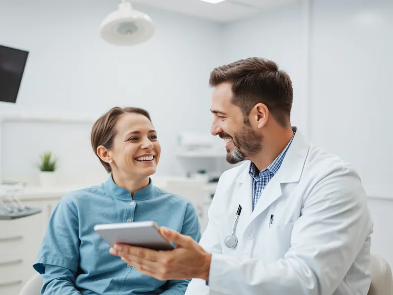 Dentist consulting with a happy patient, showing a healthy smile